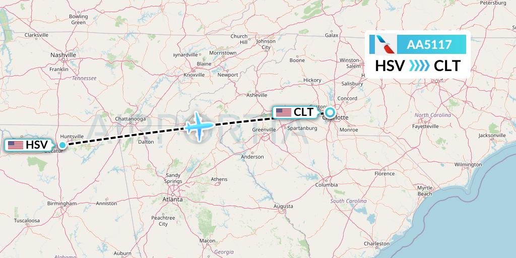 AA5117 American Airlines Flight Map: Huntsville to Charlotte