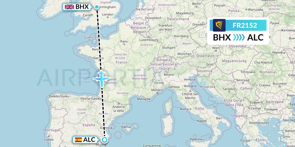 FR2152 Ryanair Flight Map: Birmingham to Alicante