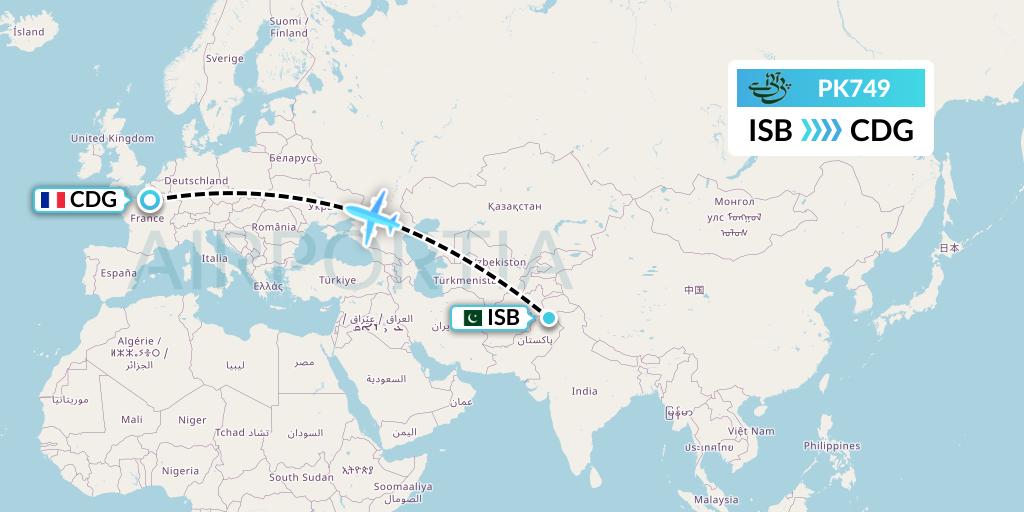 PK749 Pakistan International Airlines Flight Map: Islamabad to Paris