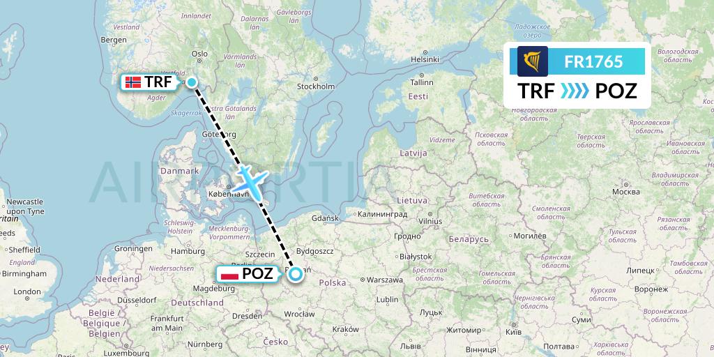 FR1765 Ryanair Flight Map: Oslo to Poznan