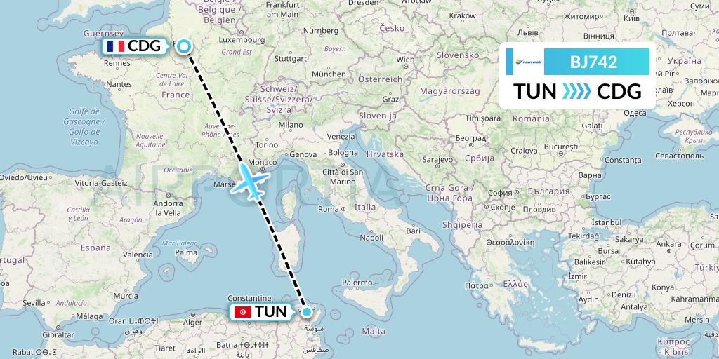 BJ742 Nouvelair Tunisie Flight Map: Tunis to Paris