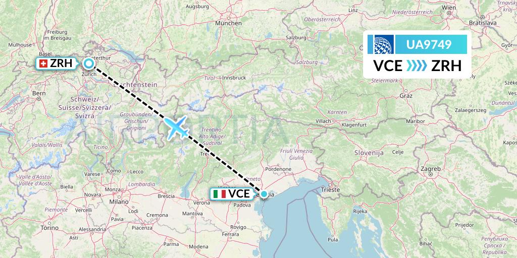 UA9749 United Airlines Flight Map: Venice to Zurich