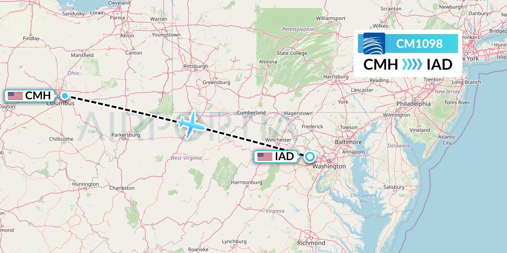 CM1098 Copa Airlines Flight Map: Columbus to Washington