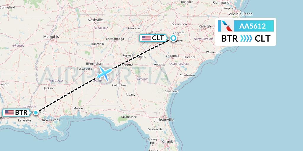 AA5612 American Airlines Flight Map: Baton Rouge to Charlotte