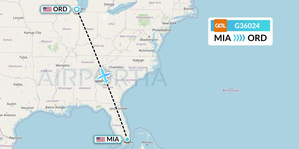 G36024 GOL Transportes Aeros Flight Map: Miami to Chicago
