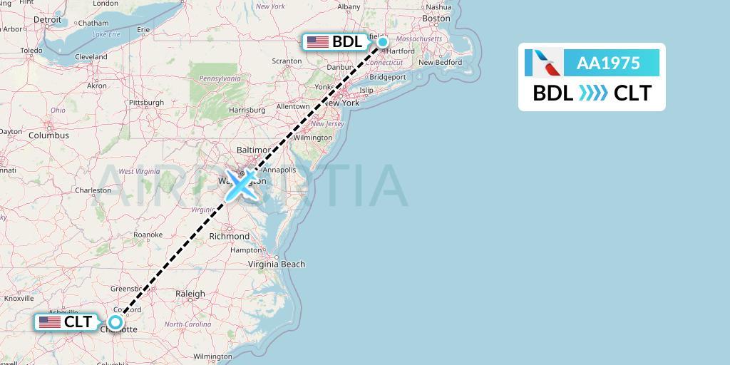 AA1975 American Airlines Flight Map: Windsor Locks to Charlotte
