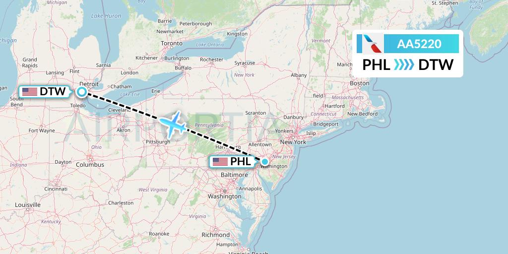 AA5220 American Airlines Flight Map: Philadelphia to Detroit