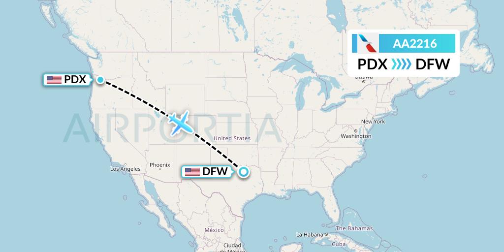 AA2216 American Airlines Flight Map: Portland to Dallas