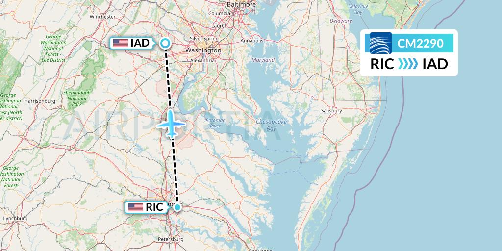 CM2290 Copa Airlines Flight Map: Richmond to Washington