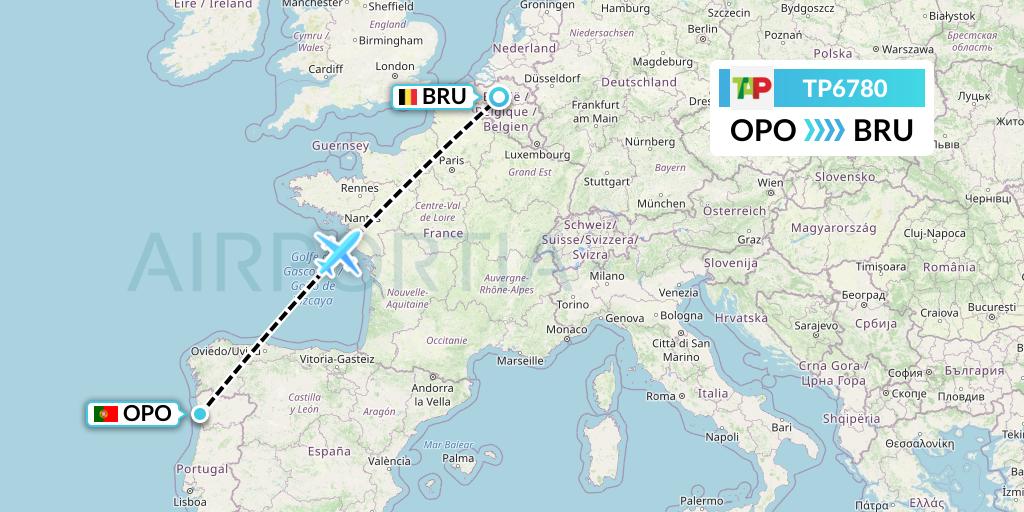 TP6780 TAP Portugal Flight Map: Porto to Brussels