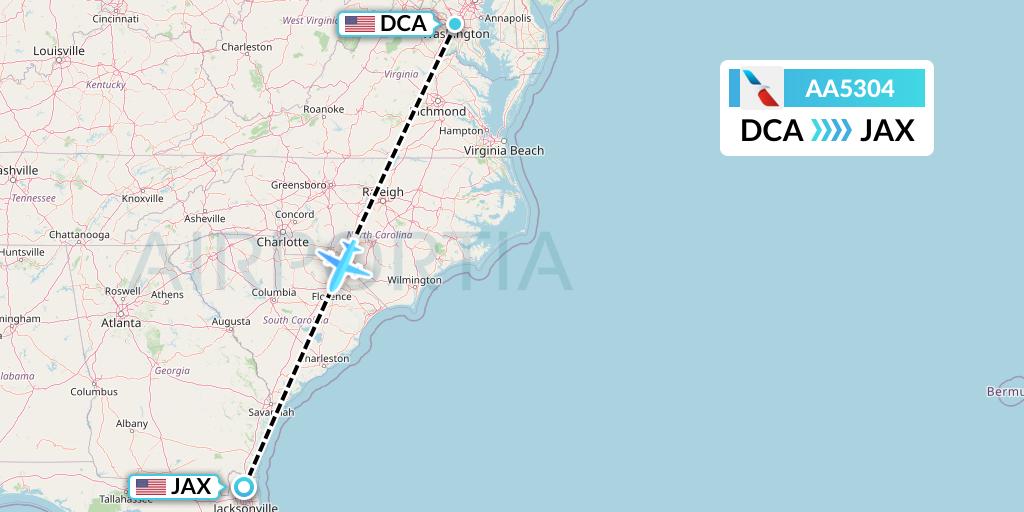AA5304 American Airlines Flight Map: Washington to Jacksonville