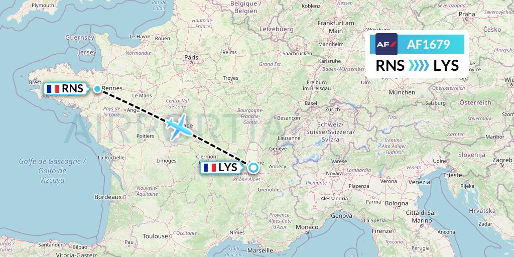 AF1679 Air France Flight Map: Rennes to Lyon