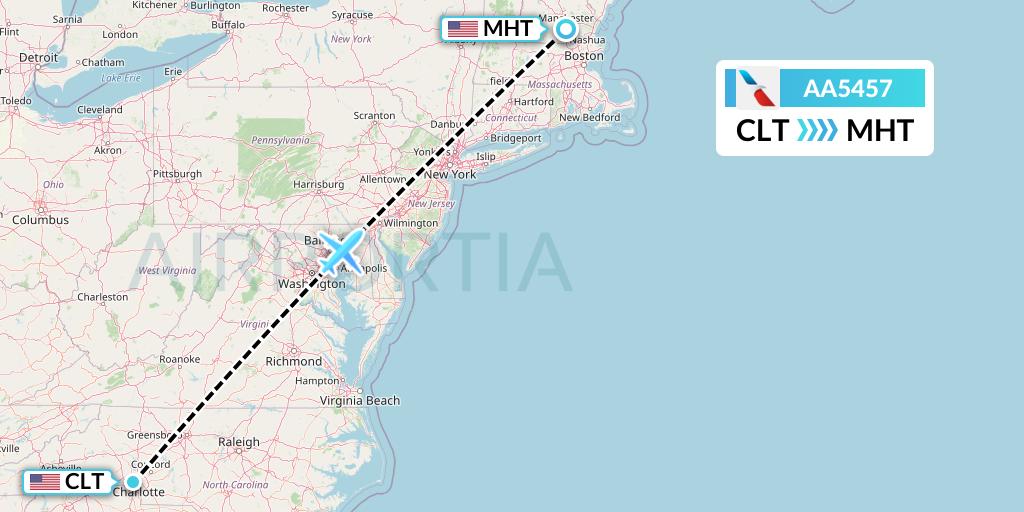 AA5457 American Airlines Flight Map: Charlotte to Manchester