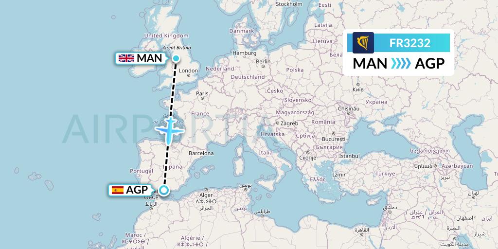FR3232 Ryanair Flight Map: Manchester to Malaga