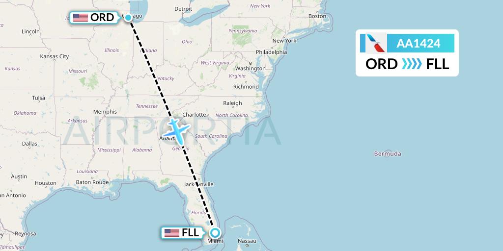 AA1424 American Airlines Flight Map: Chicago to Fort Lauderdale
