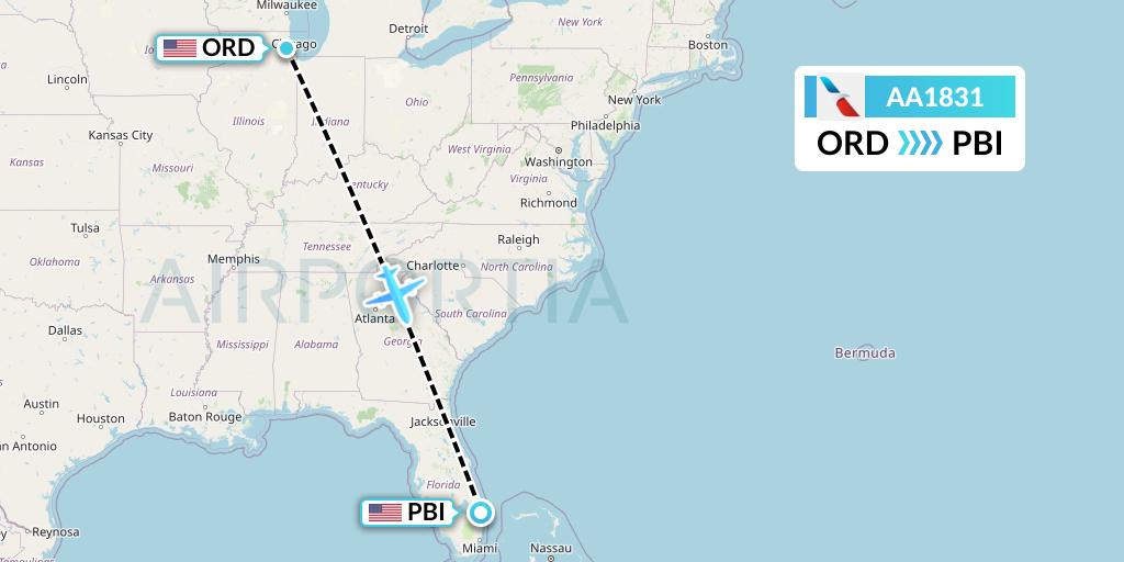 AA1831 American Airlines Flight Map: Chicago to West Palm Beach