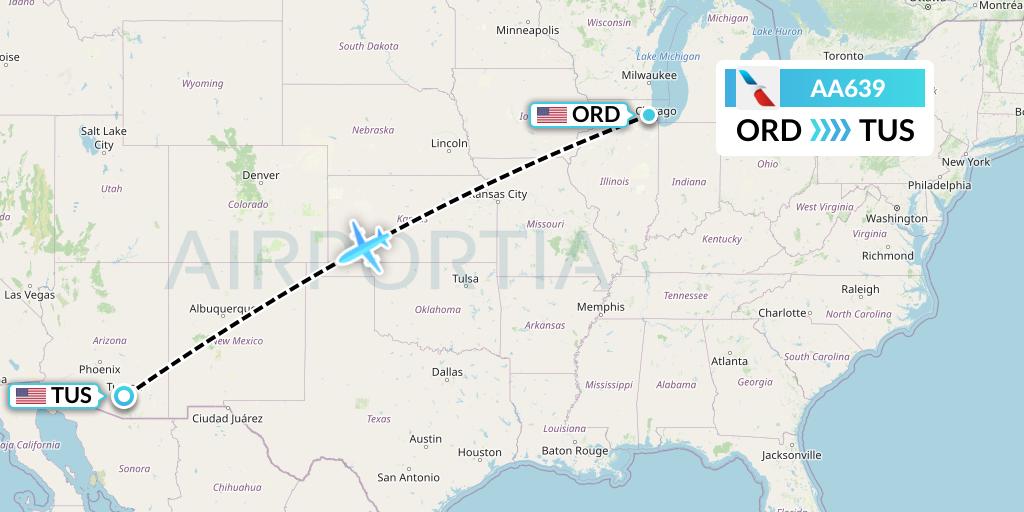 AA639 American Airlines Flight Map: Chicago to Tucson