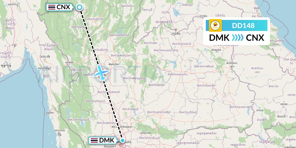 DD148 Nok Air Flight Map: Bangkok to Chiang Mai
