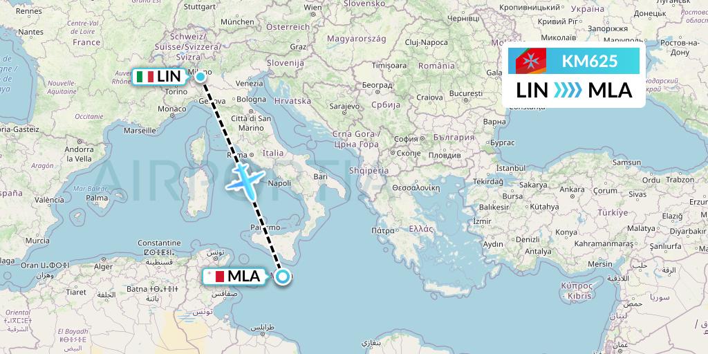KM625 Air Malta Flight Map: Milan to Malta