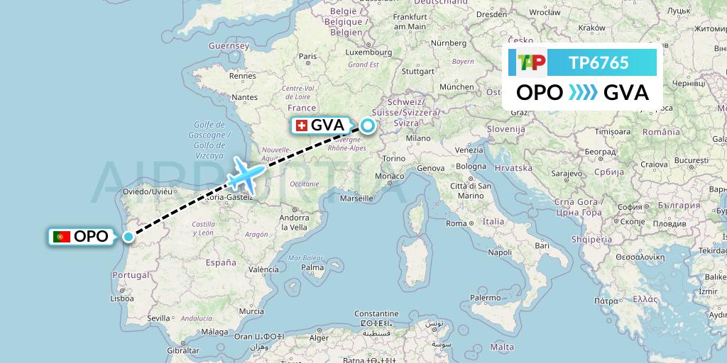 TP6765 TAP Portugal Flight Map: Porto to Geneva