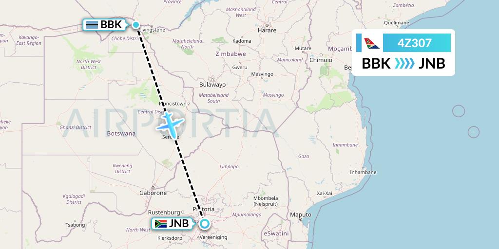 4Z307 Airlink Flight Map: Kasane to Johannesburg