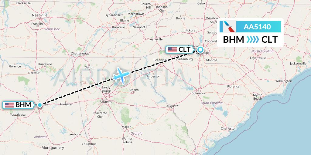 AA5140 American Airlines Flight Map: Birmingham to Charlotte