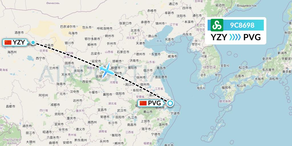 9C8698 Spring Airlines Flight Map: Zhangye to Shanghai