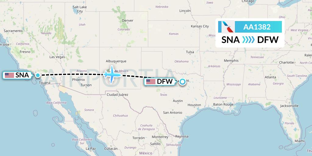 AA1382 American Airlines Flight Map: Orange County to Dallas