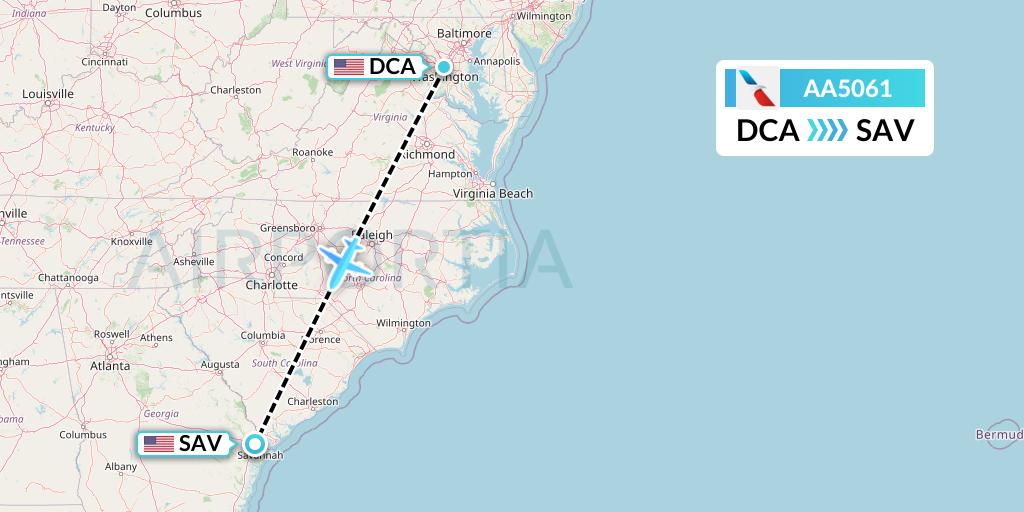 AA5061 American Airlines Flight Map: Washington to Savannah