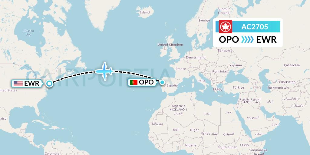 AC2705 Air Canada Flight Map: Porto to New York