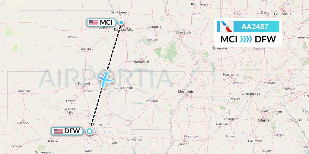 AA2487 American Airlines Flight Map: Kansas City to Dallas