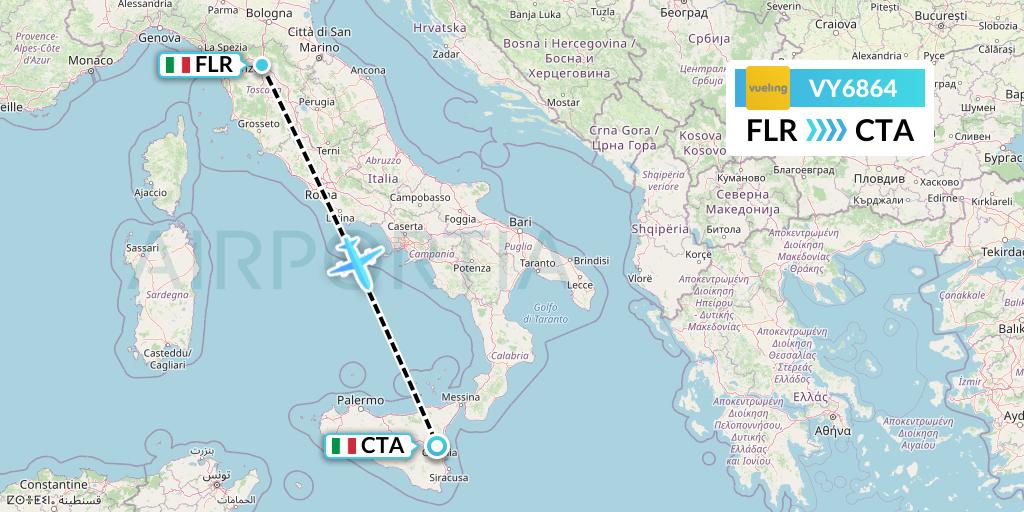 VY6864 Vueling Flight Map: Florence to Catania