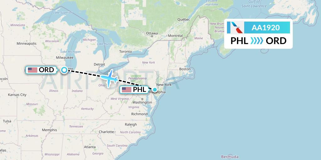 AA1920 American Airlines Flight Map: Philadelphia to Chicago