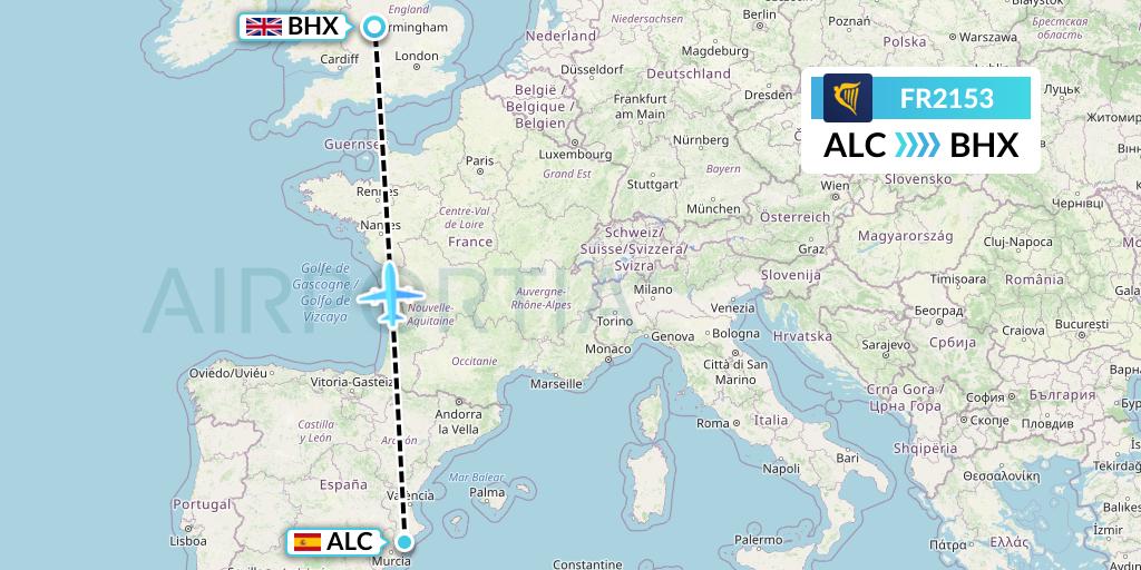 FR2153 Ryanair Flight Map: Alicante to Birmingham