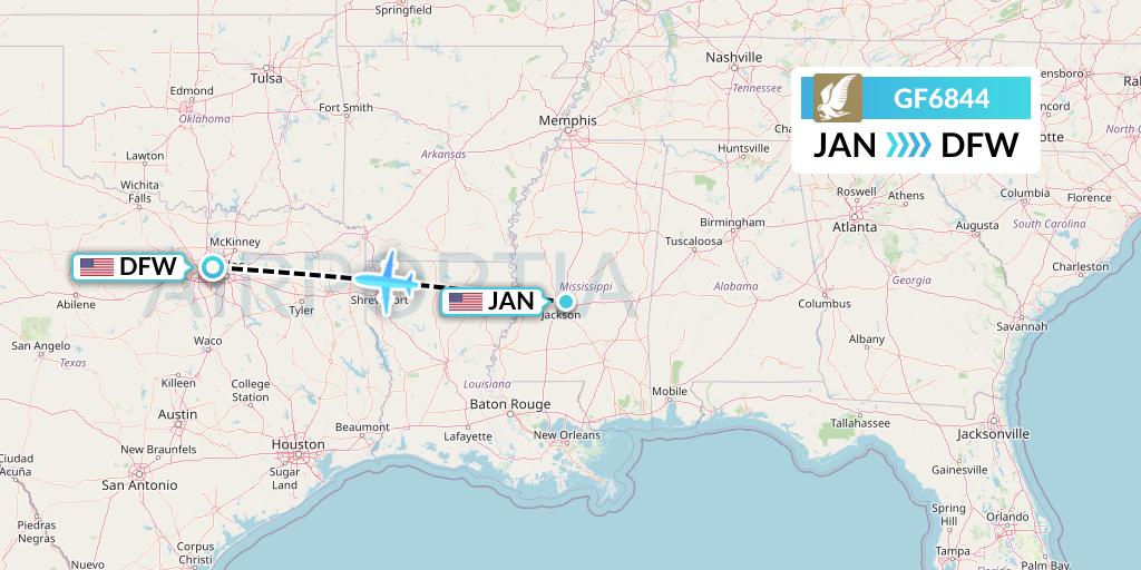 GF6844 Gulf Air Flight Map: Jackson to Dallas