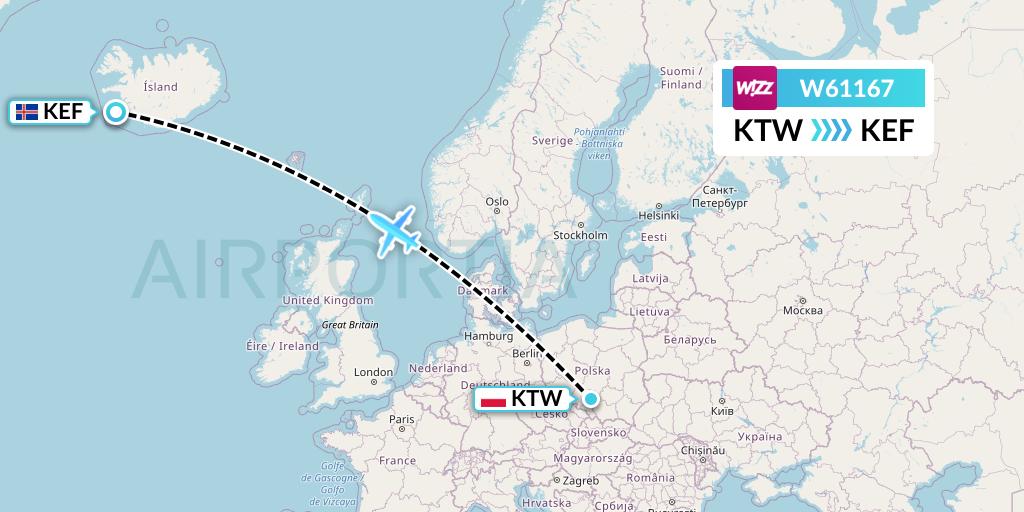 W61167 Wizz Air Flight Map: Katowice to Reykjavik