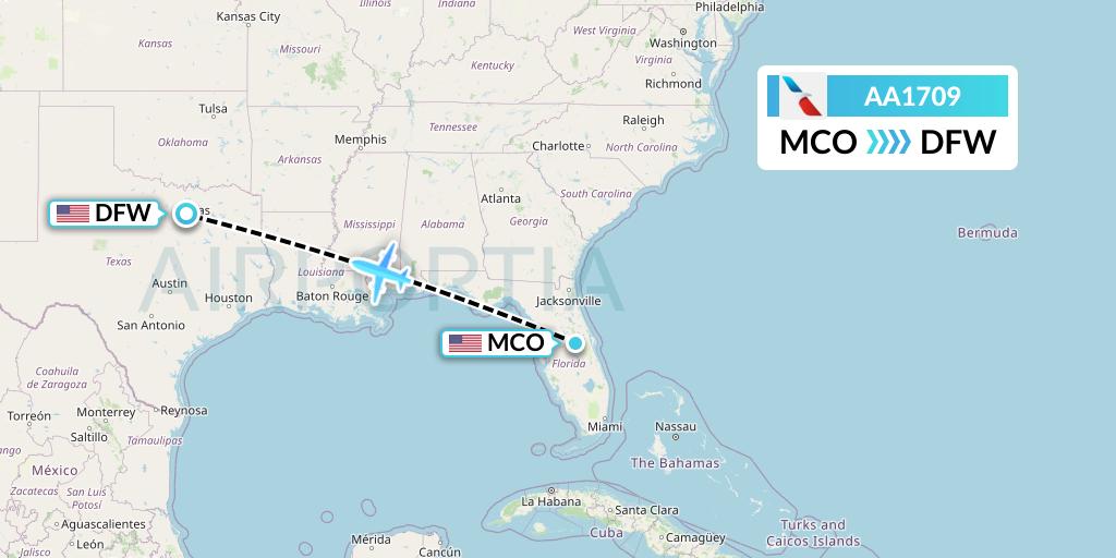 AA1709 American Airlines Flight Map: Orlando to Dallas