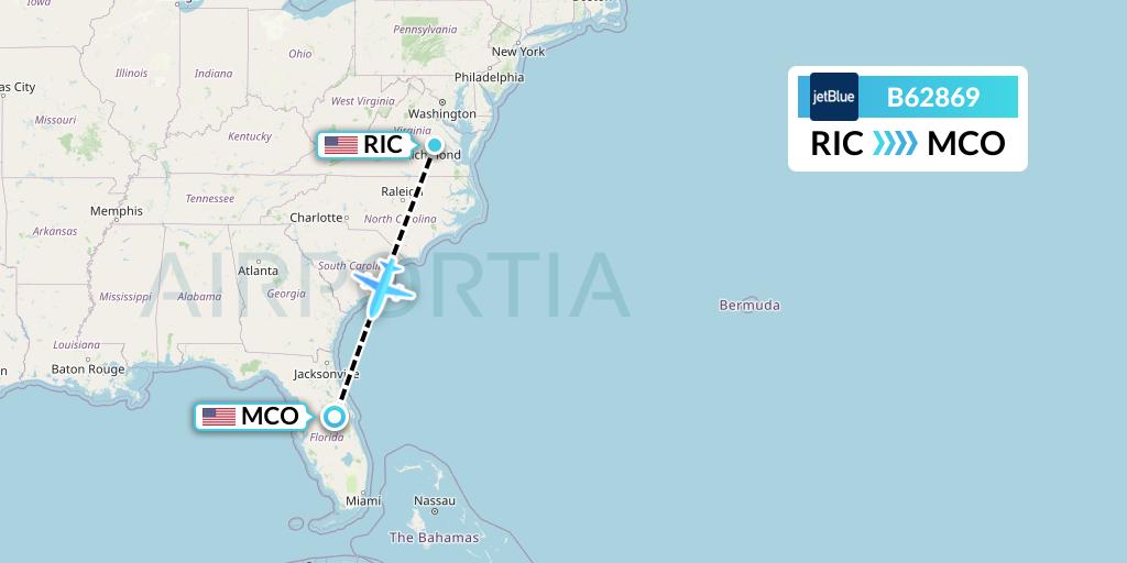 B62869 JetBlue Airways Flight Map: Richmond to Orlando