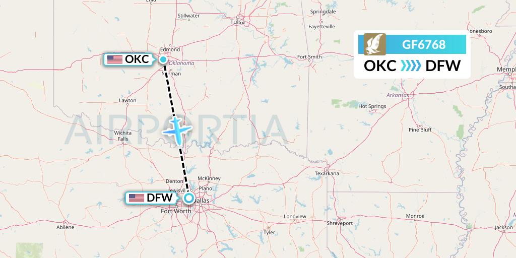 GF6768 Gulf Air Flight Map: Oklahoma City to Dallas