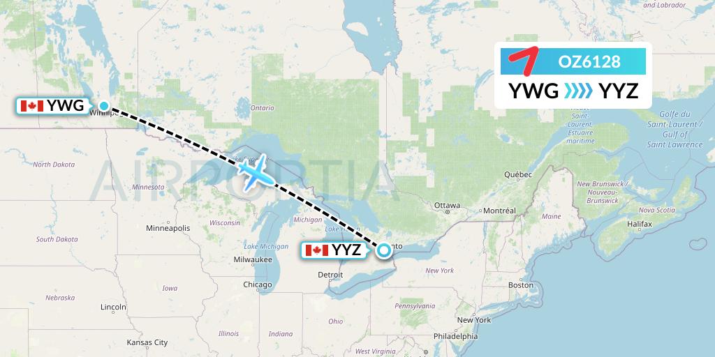 OZ6128 Asiana Airlines Flight Map: Winnipeg to Toronto