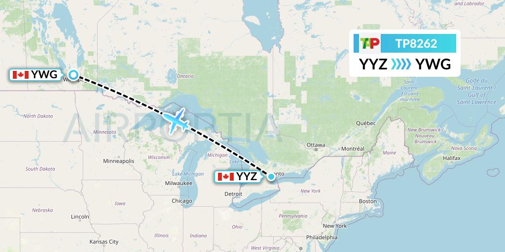 TP8262 TAP Portugal Flight Map: Toronto to Winnipeg