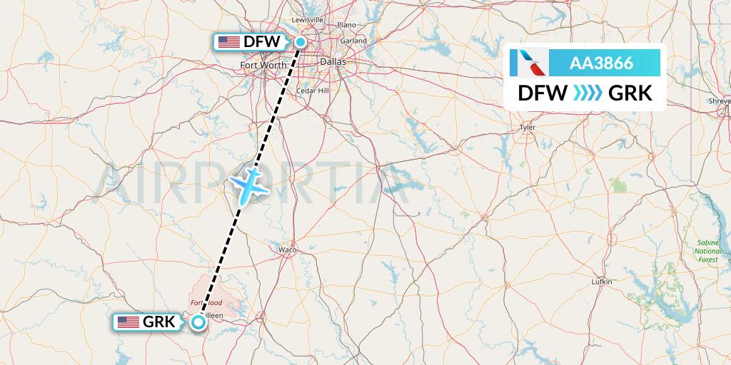 AA3866 American Airlines Flight Map: Dallas to Killeen