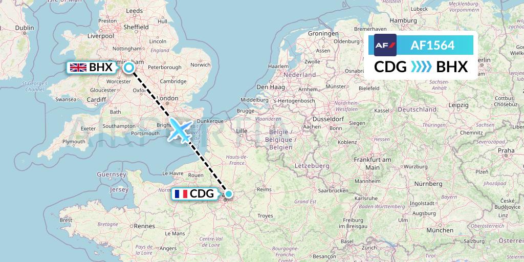 AF1564 Air France Flight Map: Paris to Birmingham