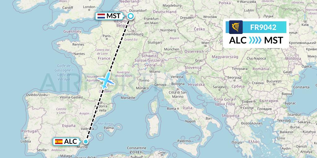 FR9042 Ryanair Flight Map: Alicante to Maastricht