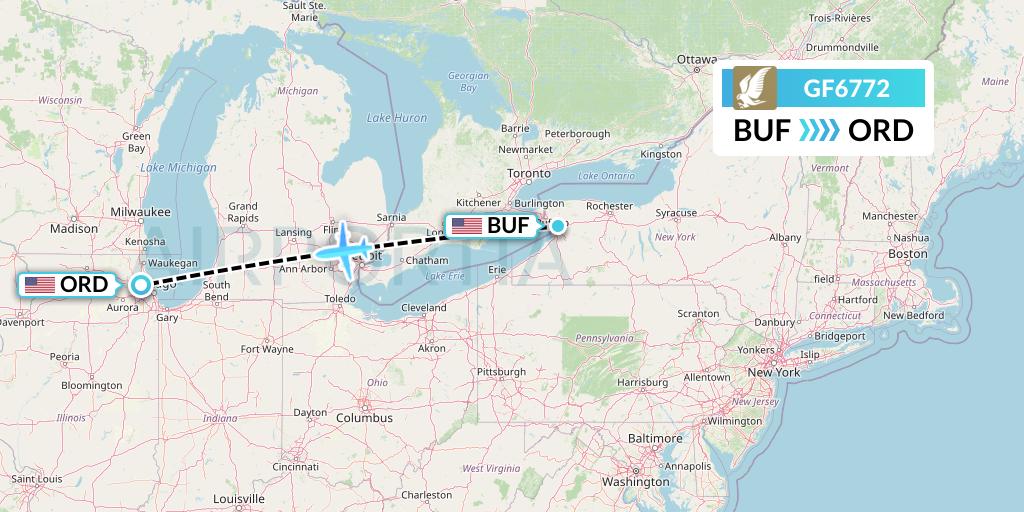 GF6772 Gulf Air Flight Map: Buffalo to Chicago
