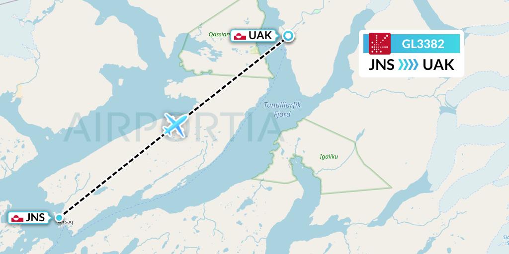 GL3382 Air Greenland Flight Map: Narsaq to Narsarsuaq