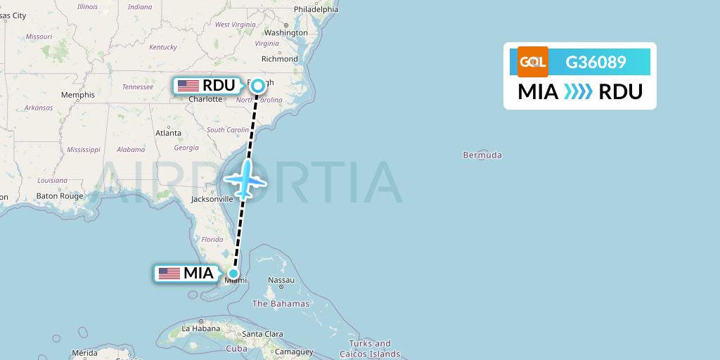 G36089 GOL Transportes Aeros Flight Map: Miami to Raleigh-Durham