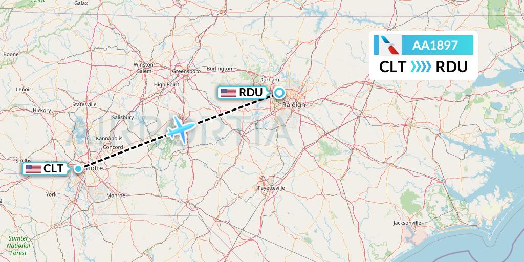 AA1897 American Airlines Flight Map: Charlotte to Raleigh-Durham