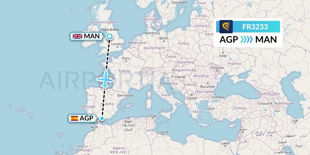 FR3233 Ryanair Flight Map: Malaga to Manchester