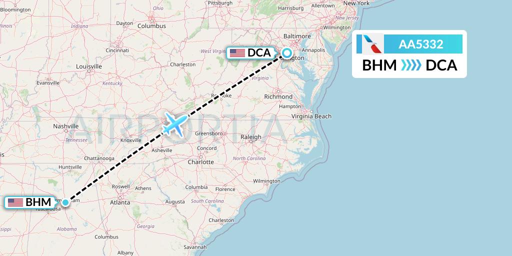 AA5332 American Airlines Flight Map: Birmingham to Washington